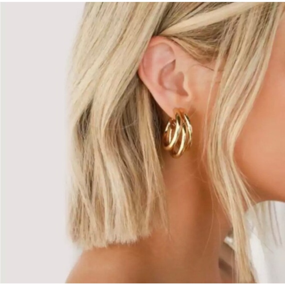 14k Gold Big Hoop Earrings Triple Round  Hoop Earrings Basic Statement Earrings